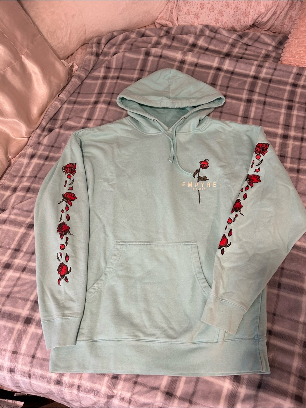 Empyre Light Aqua Hoodie with Red Rose Sleeve Art